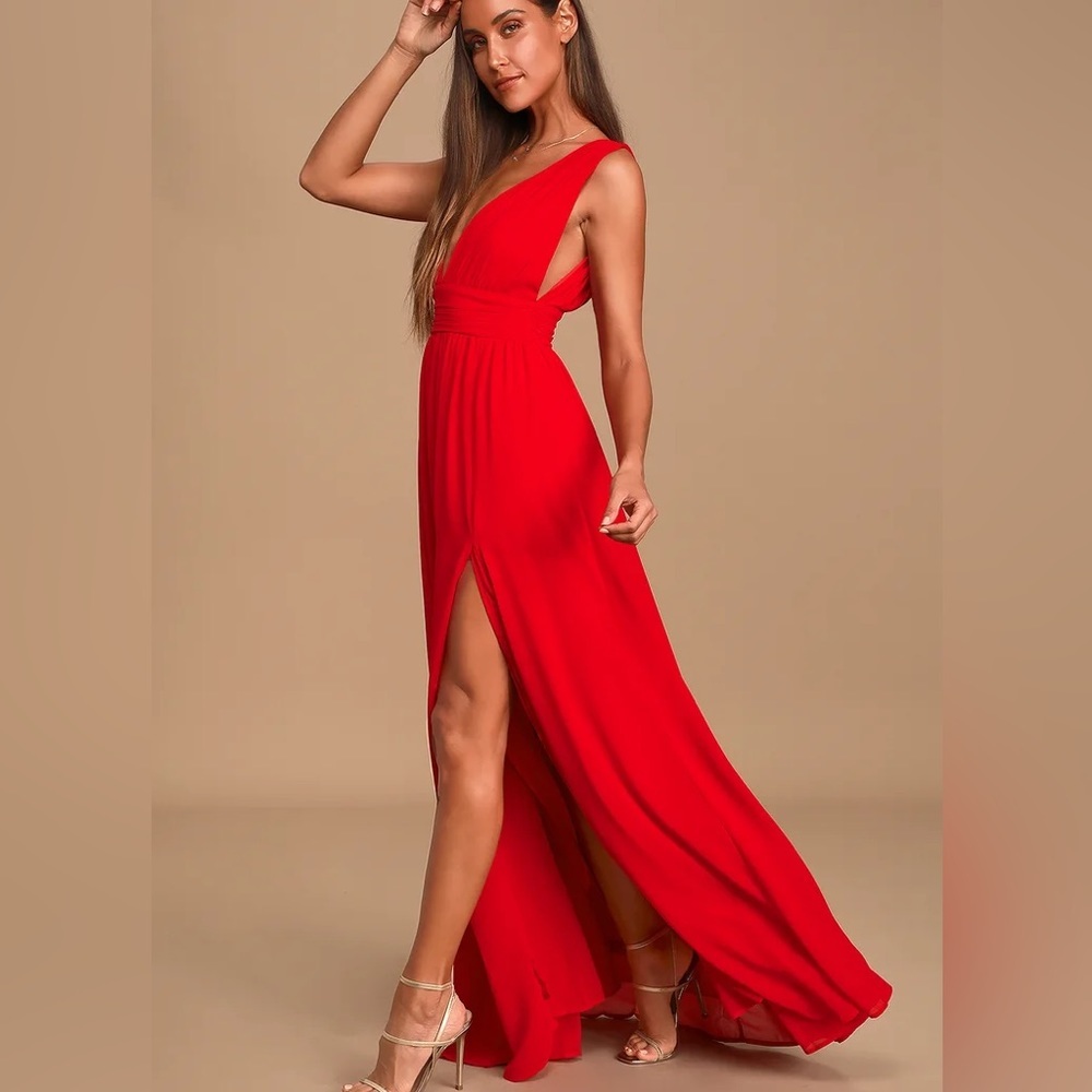 Lulu’s Heavenly Hues Red Formal V-Neck Maxi Valentine’s Day Dress